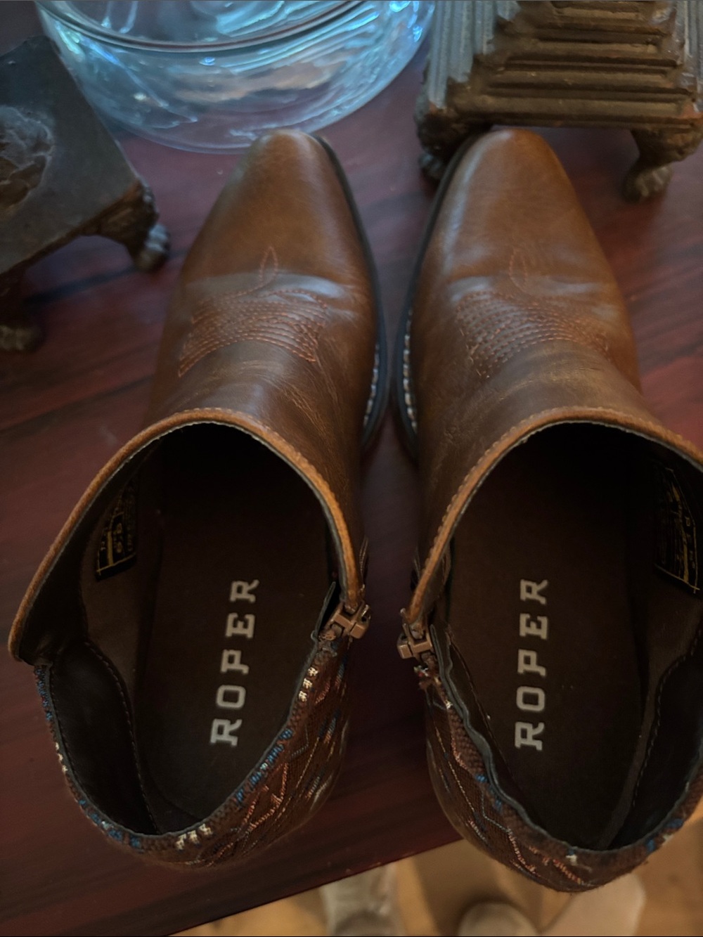 Roper Tan Leather Ankle Booties with Patterned Heel - Picture 7 of 9